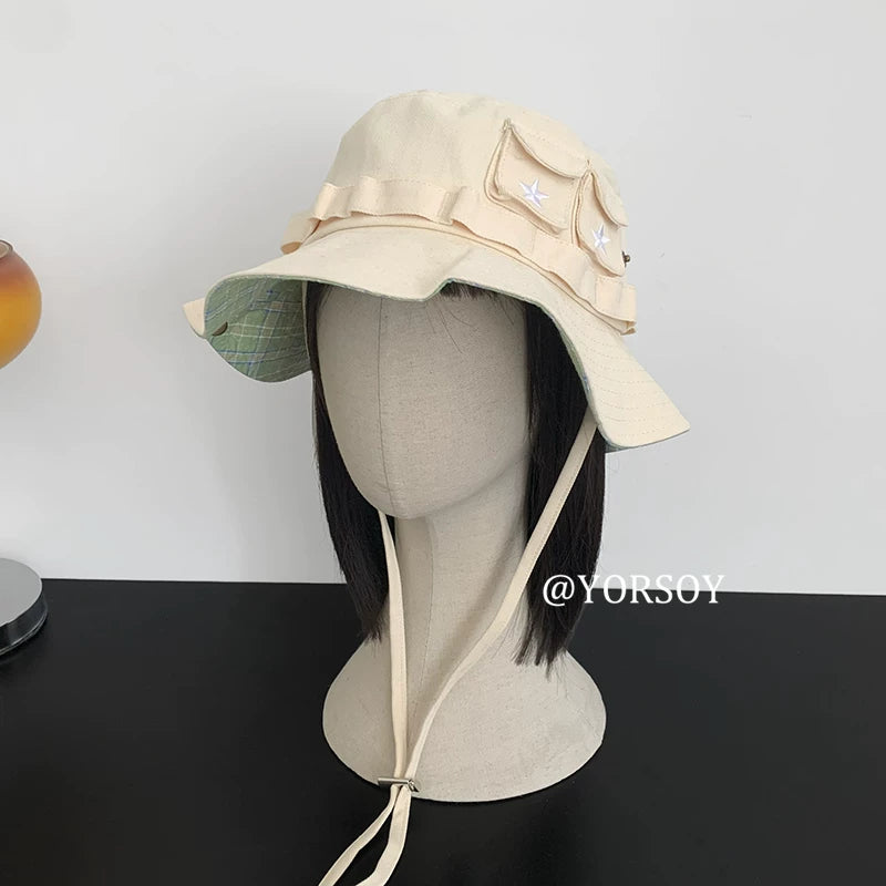 Women's Vintage Navy Star Bucket Hat – Adjustable Sun Protection Hiking, Camping & Fishing Hat