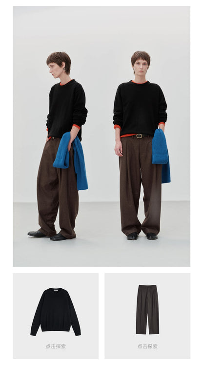 Wool cashmere crewneck sweater, black sweater styled on two models