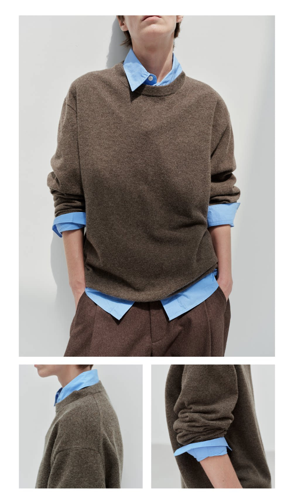 Wool cashmere crewneck sweater, model wearing brown V-neck sweater with detail views