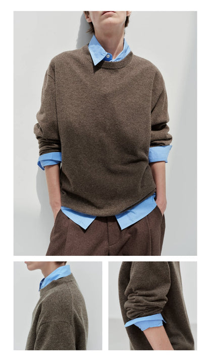 Wool cashmere crewneck sweater, model wearing brown V-neck sweater with detail views