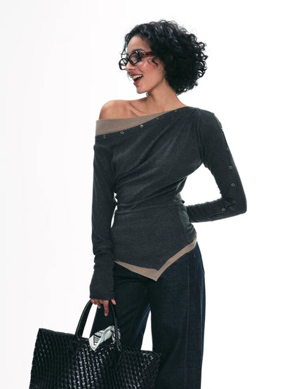 Charcoal One-Shoulder Long Sleeve Top product view