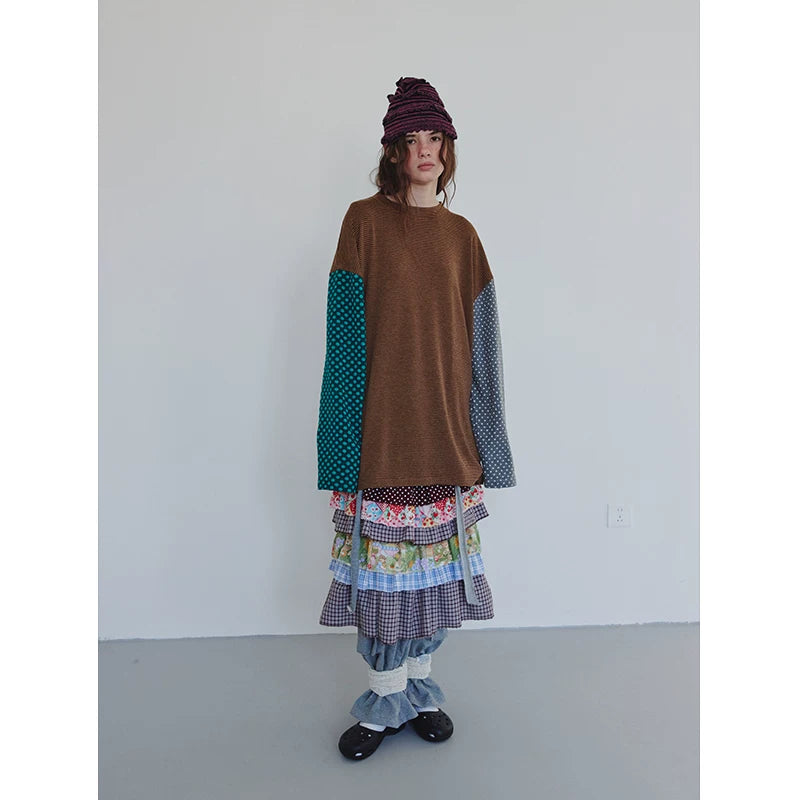 Langarm-Sweatshirt mit braunen Streifen und Polka Dots