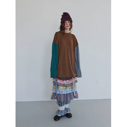 Langarm-Sweatshirt mit braunen Streifen und Polka Dots