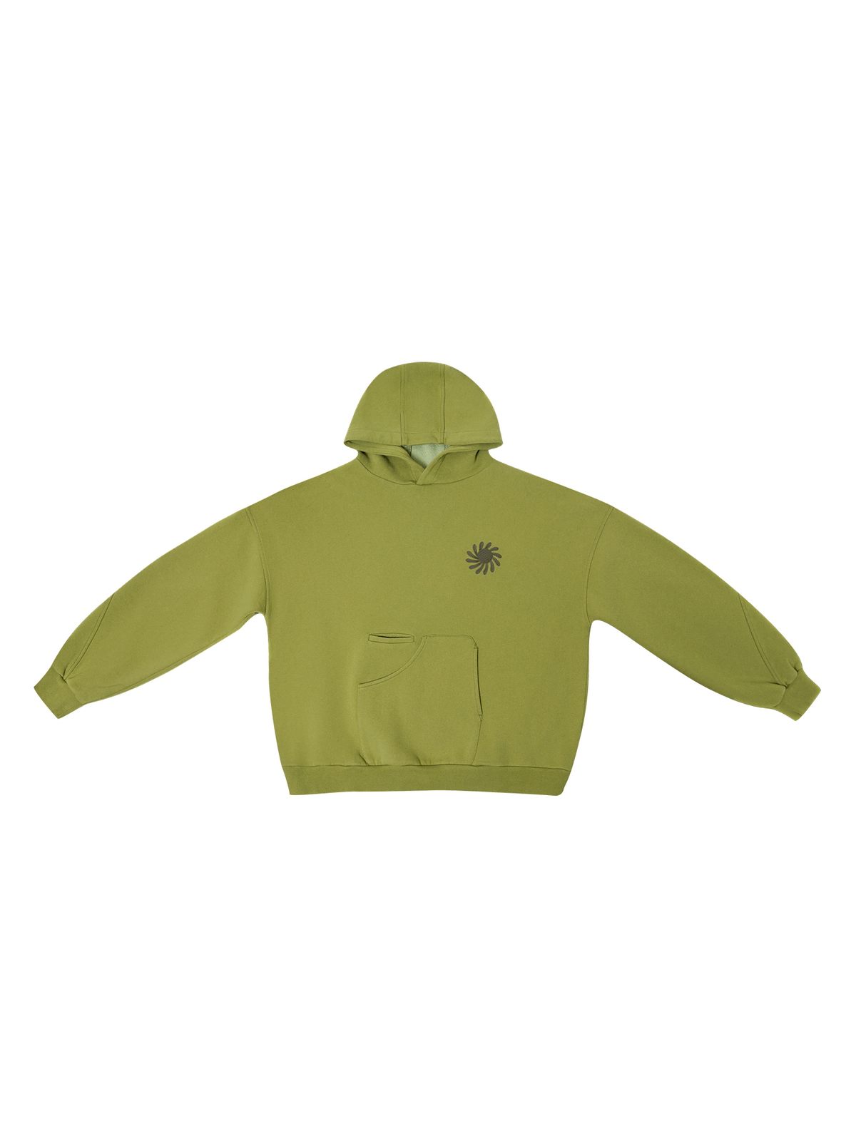 Front view of the olive sun-print cotton hoodie
