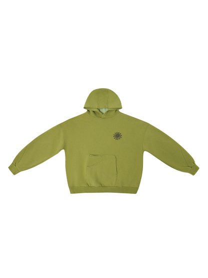 Front view of the olive sun-print cotton hoodie