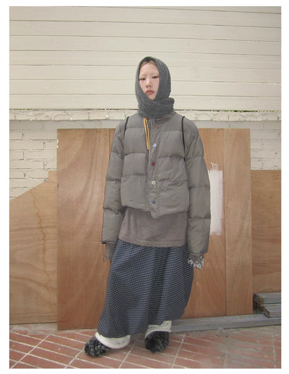 Grey Cropped Stand-Collar Down Jacket