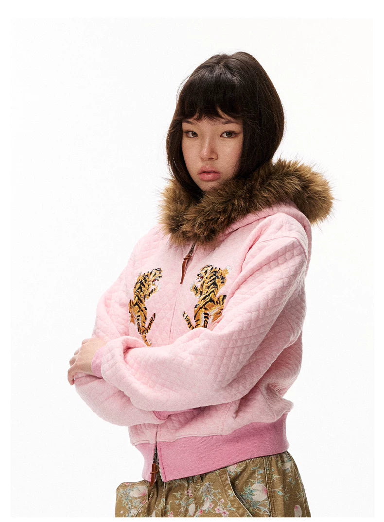 Tiger Embroidered Quilted Hooded Jacket