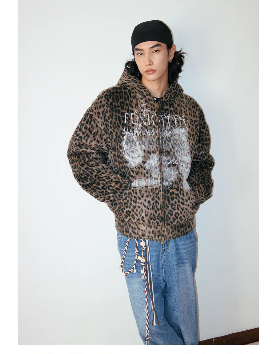 Distressed Leopard Print Padded Hooded Jacket male full