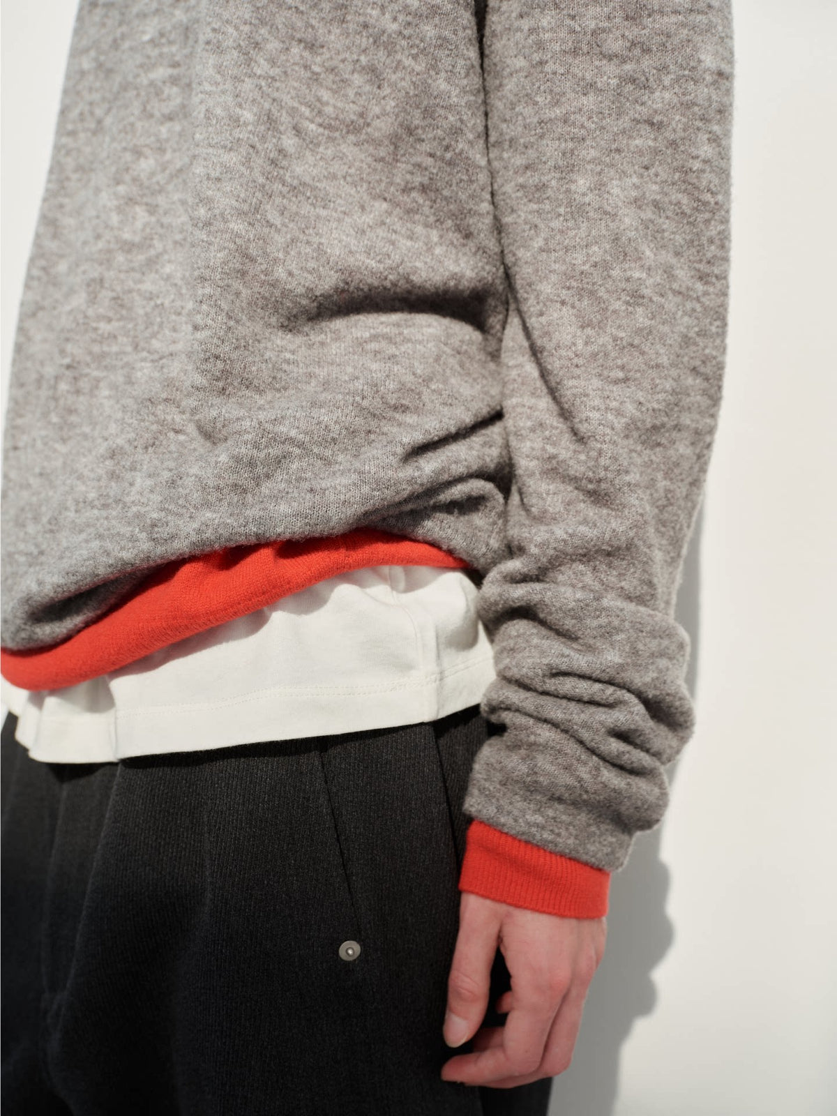 Grey boucle polo sweater, knit and sleeve detail