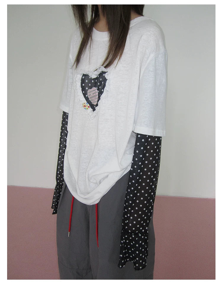 Heart Applique Polka Dot Long Sleeve Tee