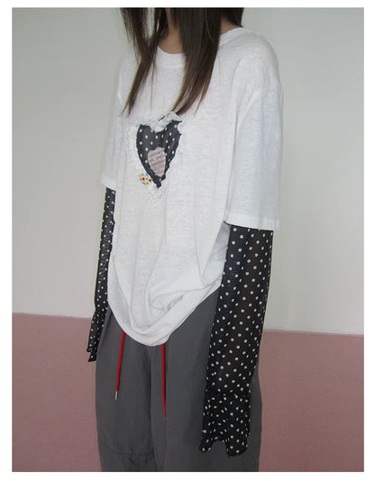 Heart Applique Polka Dot Long Sleeve Tee