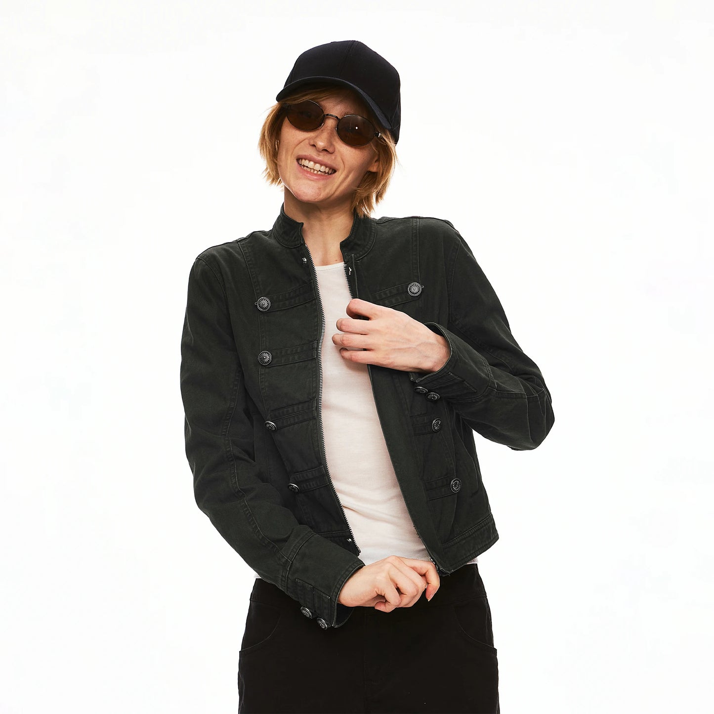 Washed Napoleon-Inspired Cropped Workwear Jacket