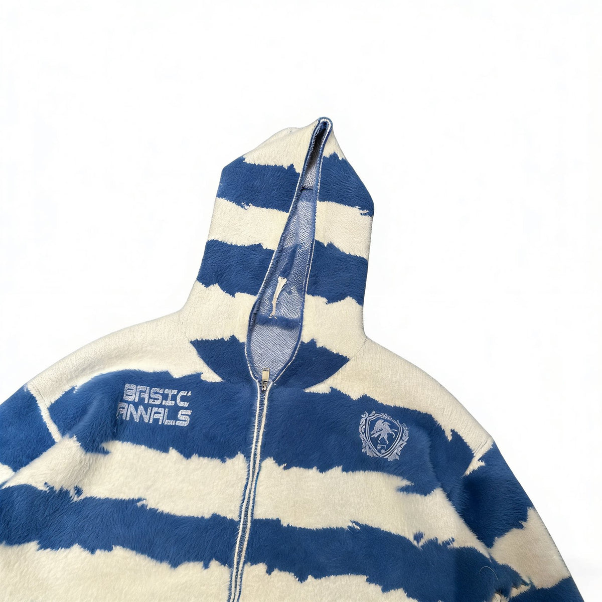 Blue and white striped hooded zip sweater, chest embroidery detail close-up
