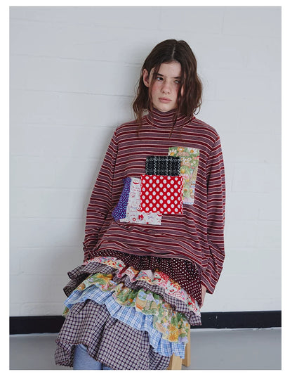 Brown Patchwork Stripe Long-Sleeve Top