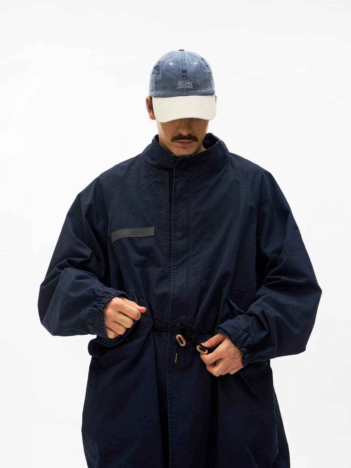 Navy M65 fishtail parka worn on model, front view