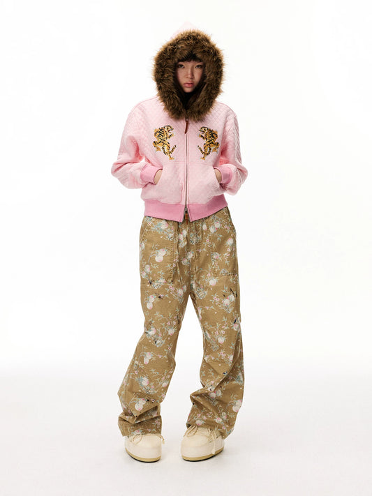 Chaqueta con capucha acolchada y bordado de tigre