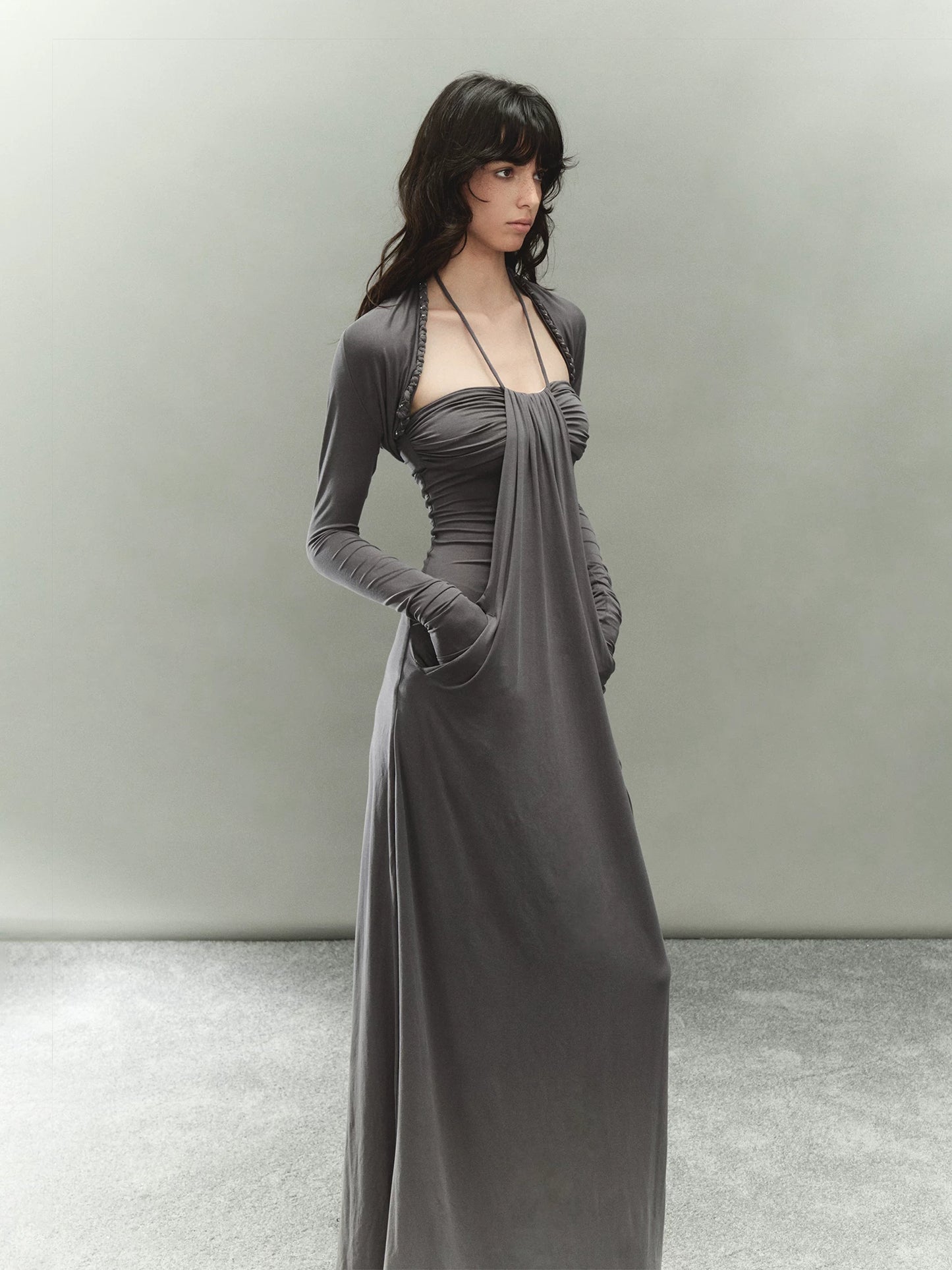 Lyocell Ruched Halter Dress with Braided Chain Detail