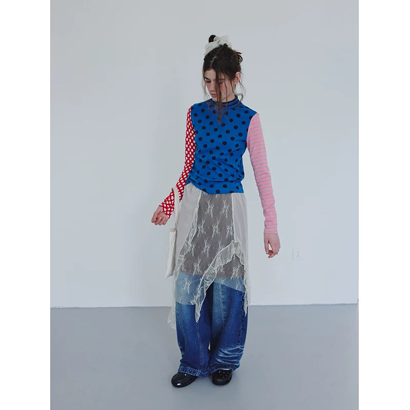 Blue Polka Dot Stripe Colorblock Long-Sleeve Tee