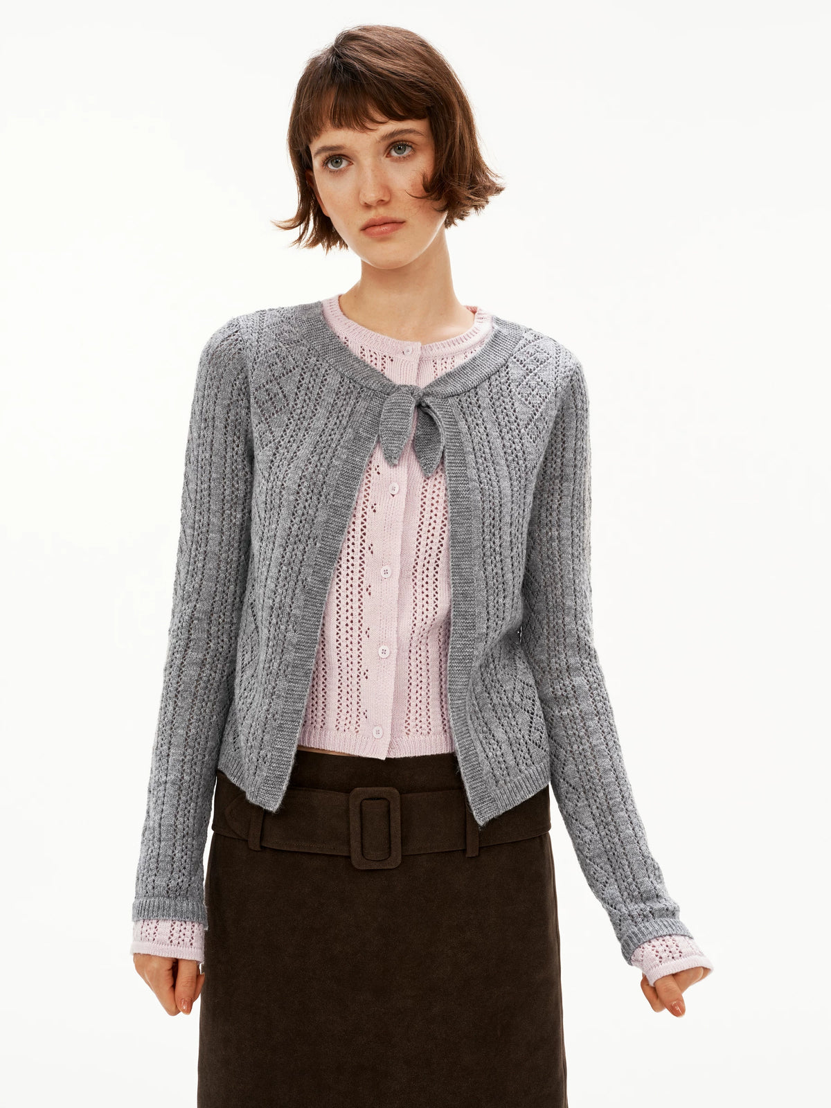 Faux-Layered Argyle Wool Cardigan