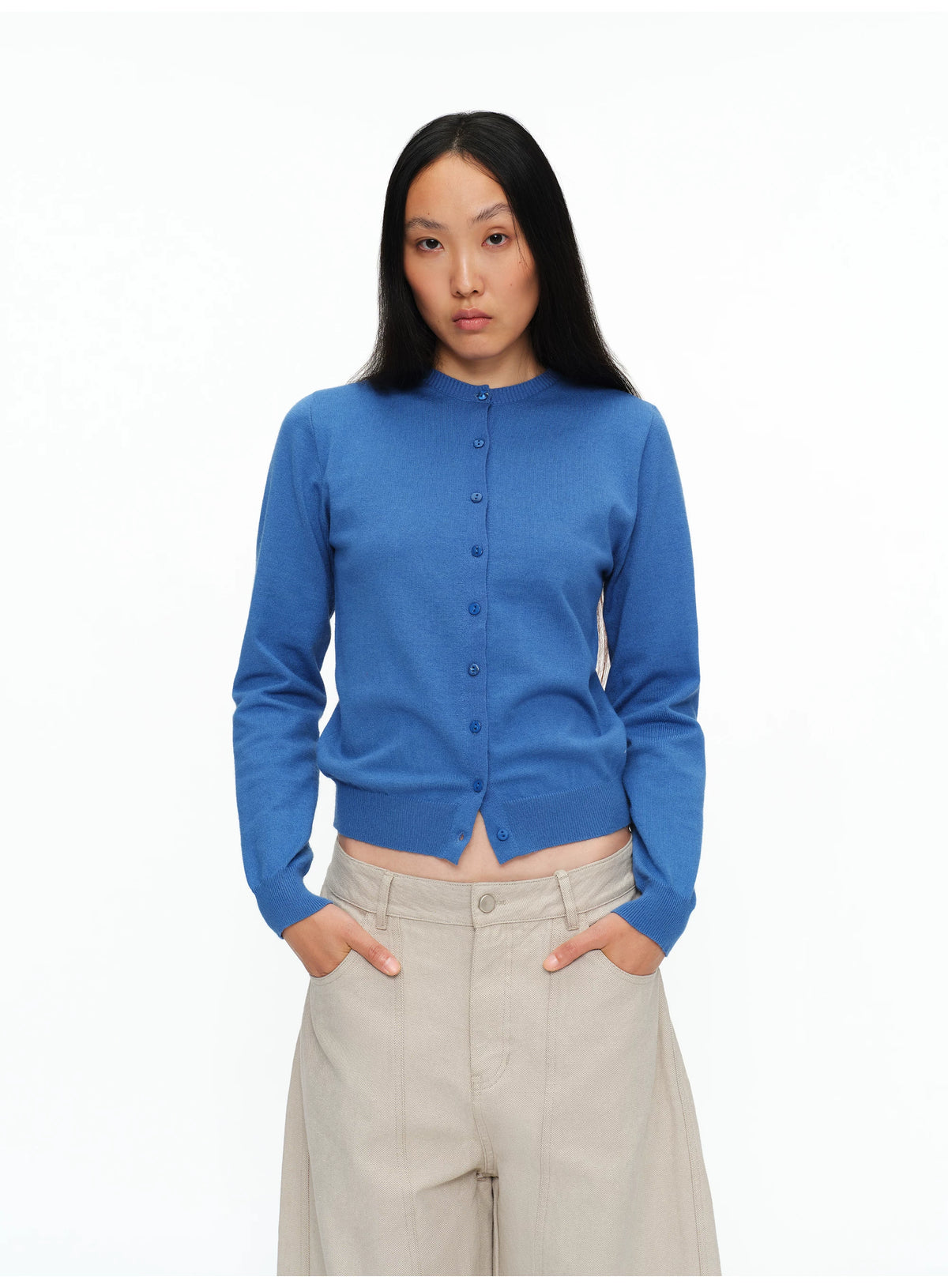 Fine-Knit Crew-Neck Cardigan