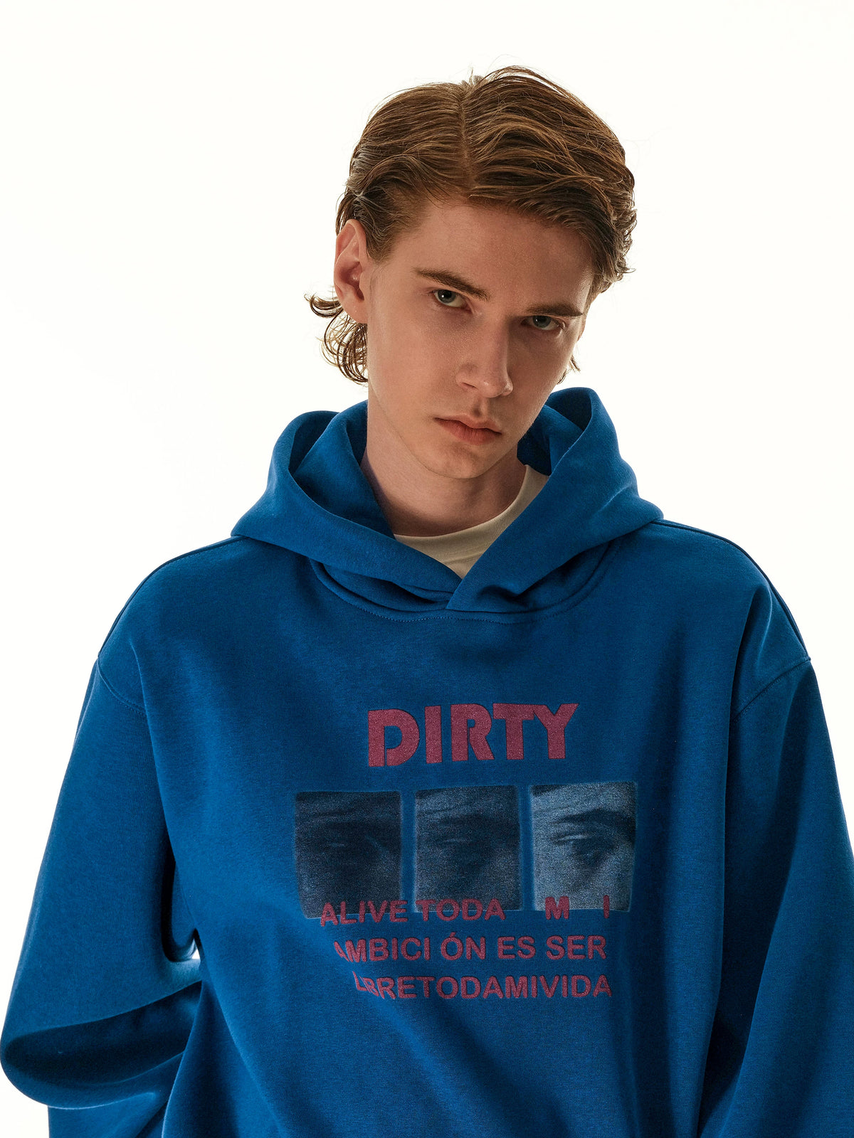 Layered detail of light jacket and hoodie
