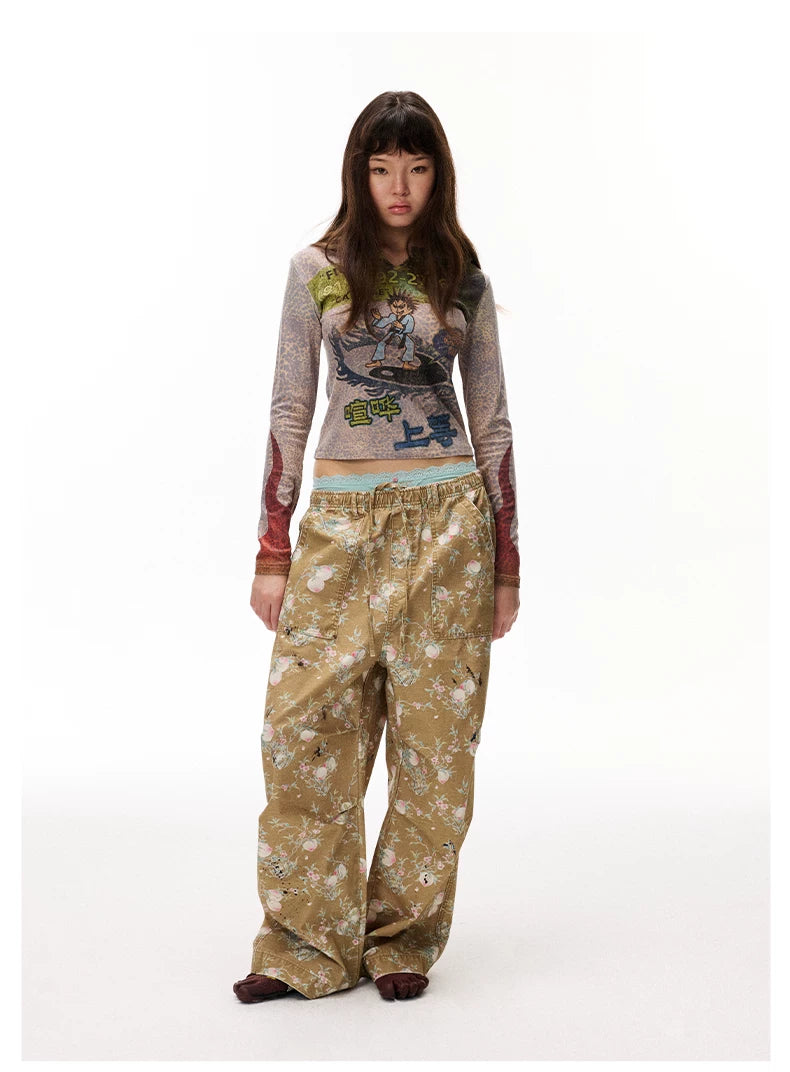Distressed Floral Wide-Leg Cargo Pants