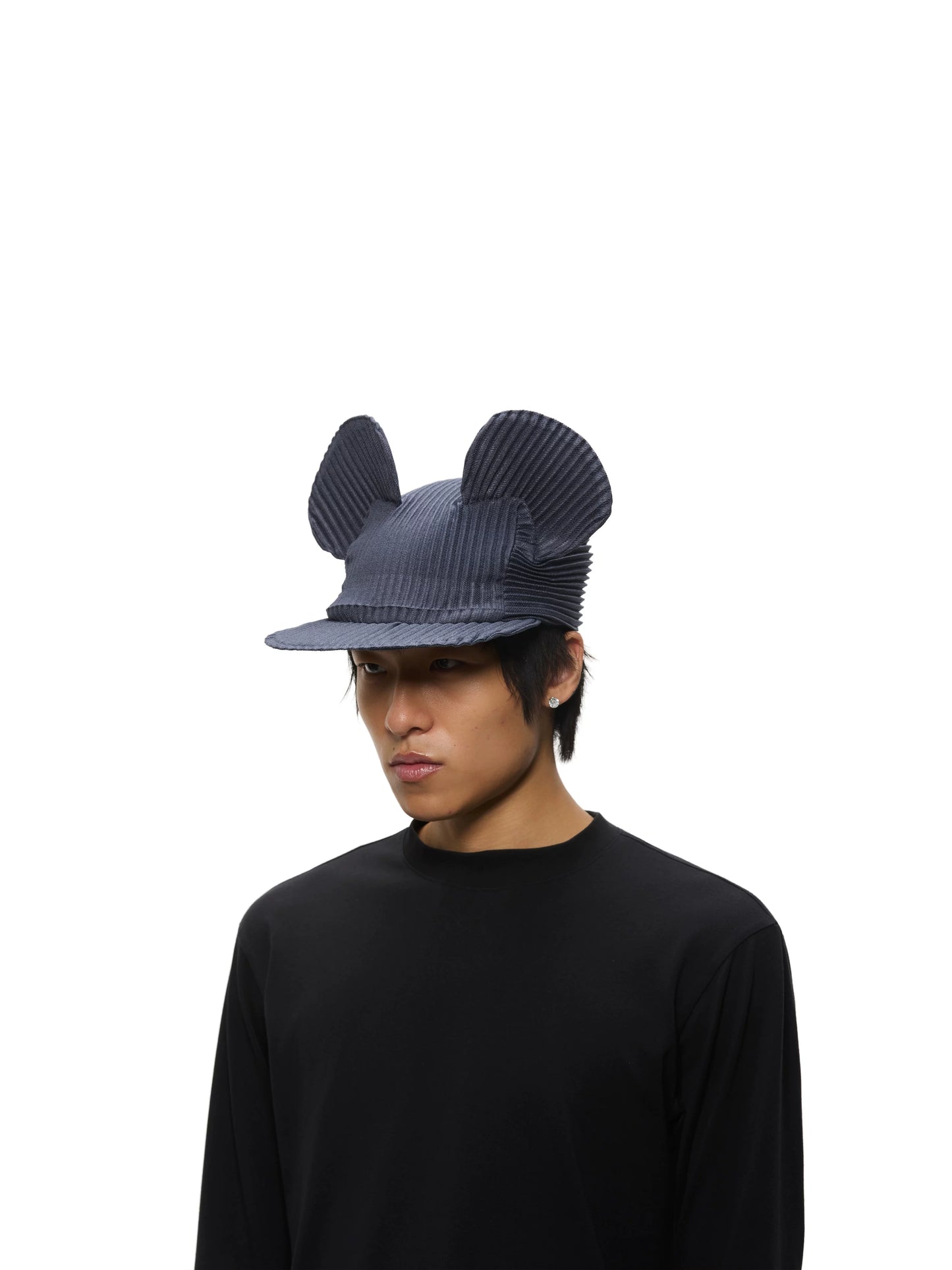 Denim Blue Pleated Ear Detail Flat Brim Baseball Cap