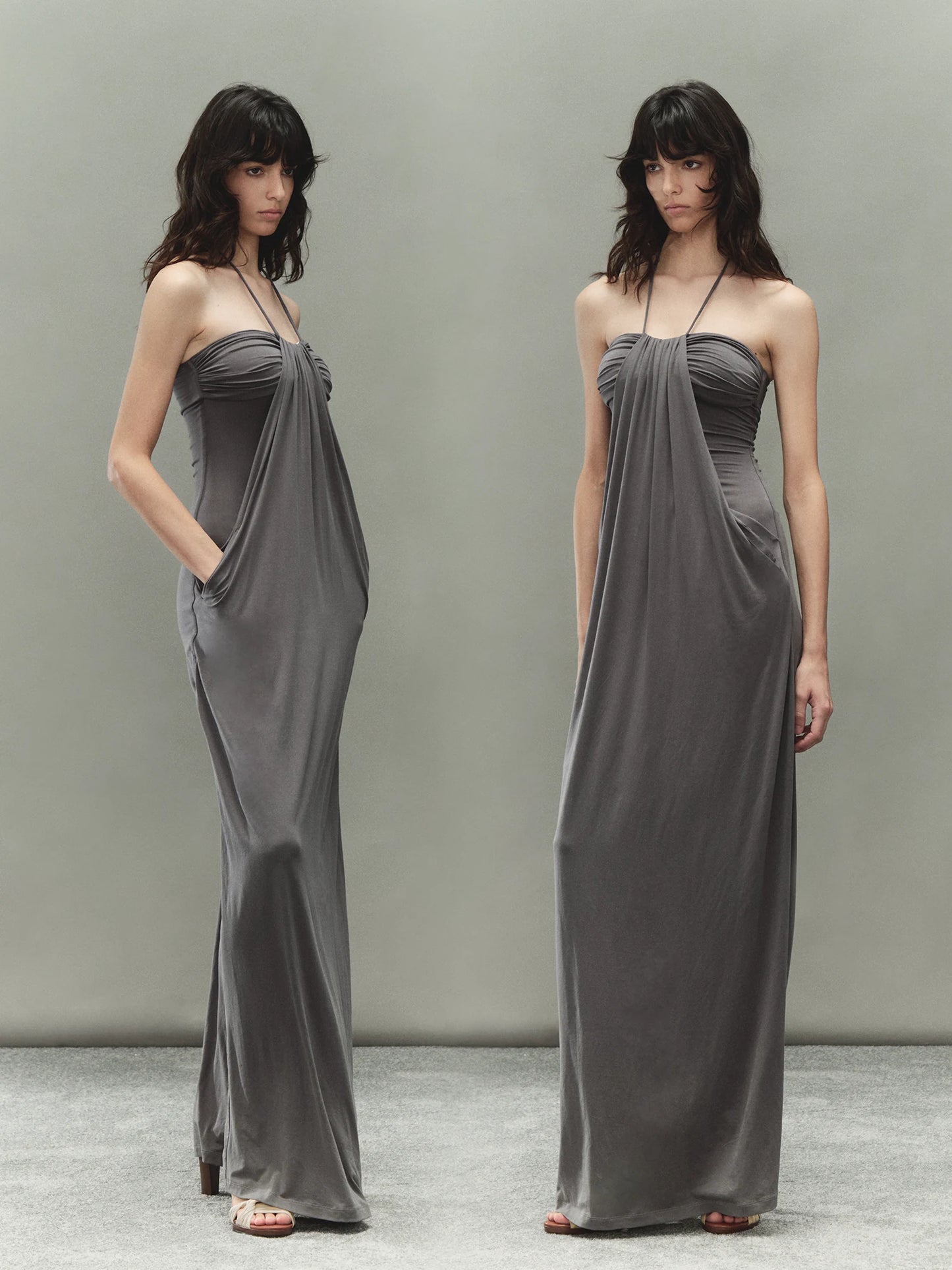 Lyocell Ruched Halter Dress with Braided Chain Detail