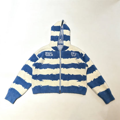 Blue and white striped hooded zip sweater, flat lay front view
