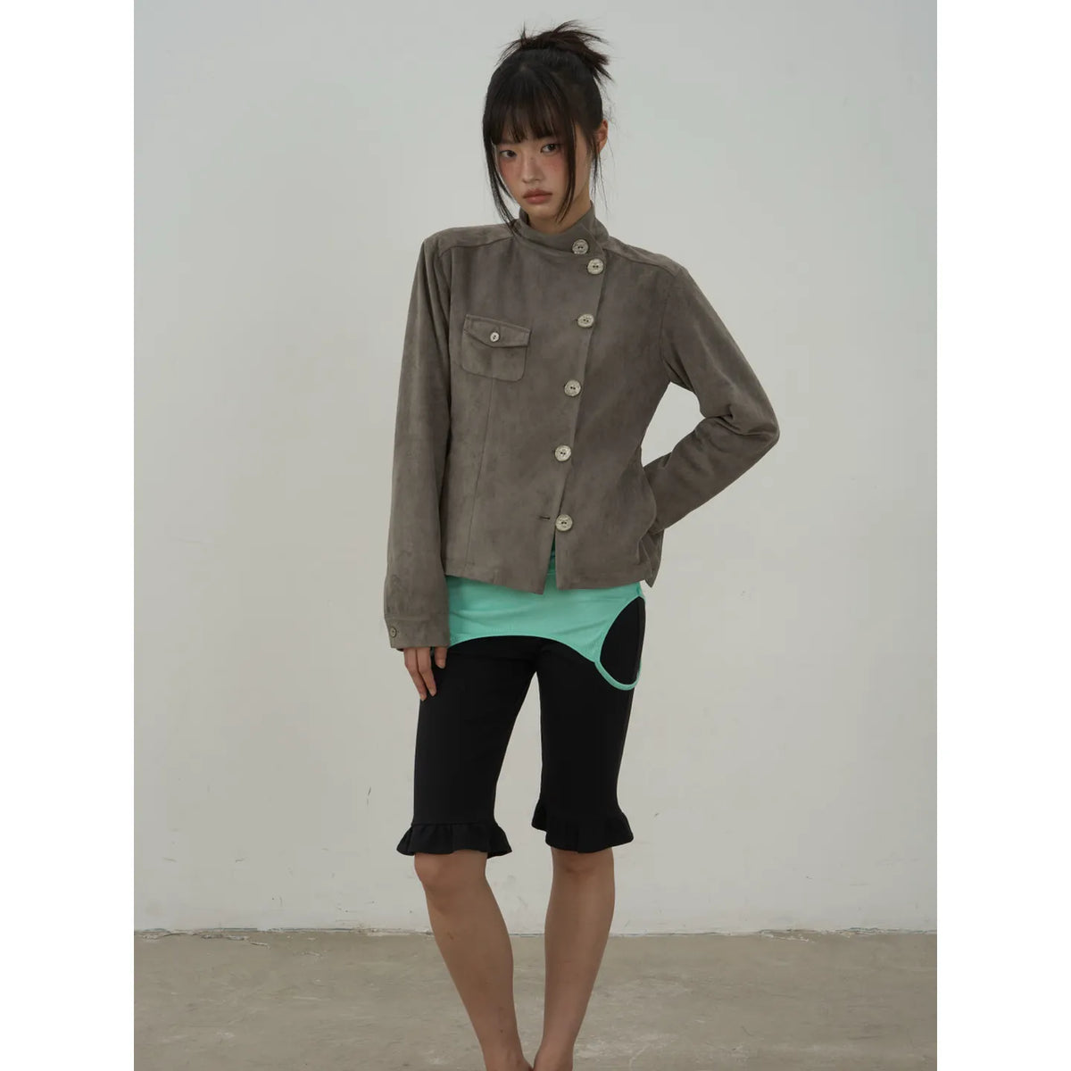 Asymmetric Button Faux Suede Jacket