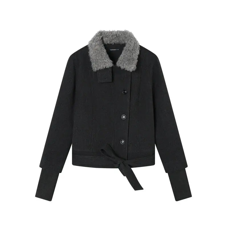 Dark jacket with gray fur collar, front product view