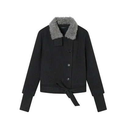 Dark jacket with gray fur collar, front product view