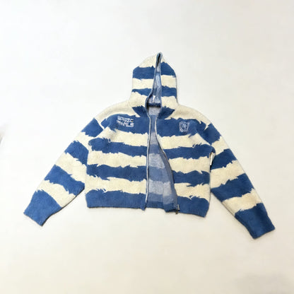 Blue and white striped hooded zip sweater, flat lay front view