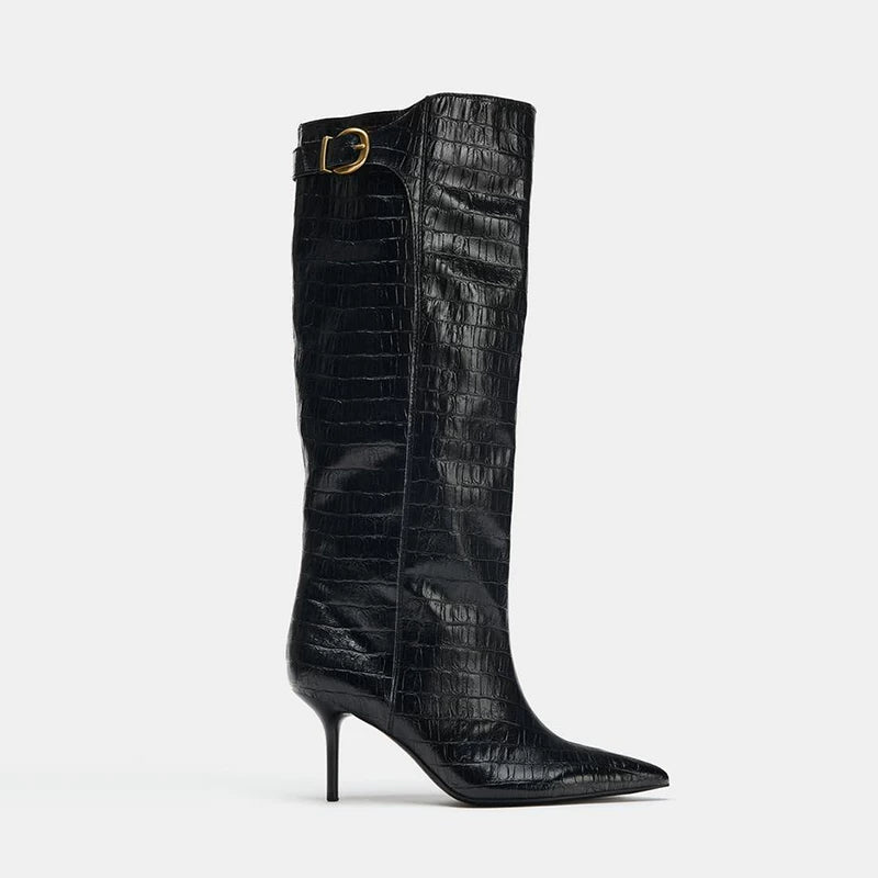 Women's Pointed Toe Buckle Knee-High Boots