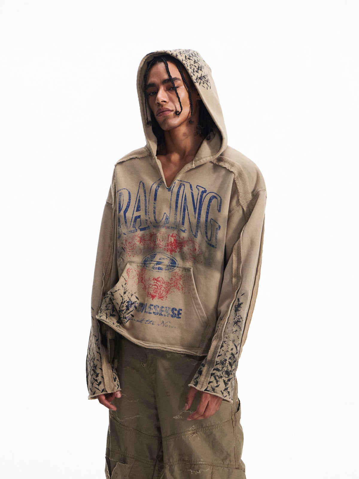 Khaki hooded sweatshirt, front view with racing graphic