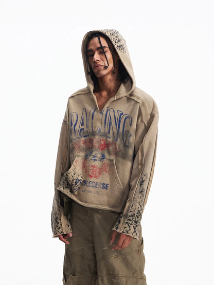Khaki hooded sweatshirt, front view with racing graphic