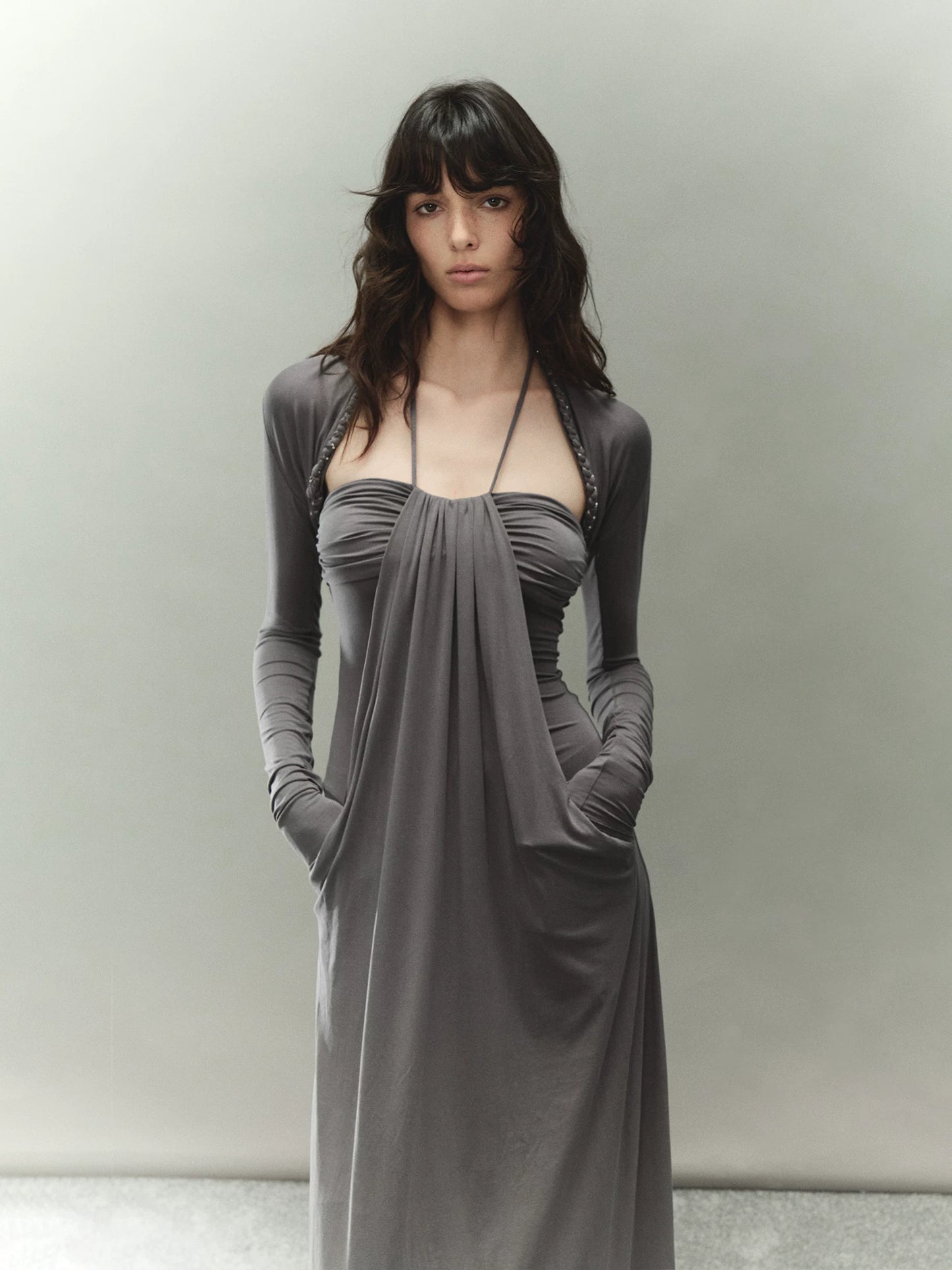 Lyocell Ruched Halter Dress with Braided Chain Detail