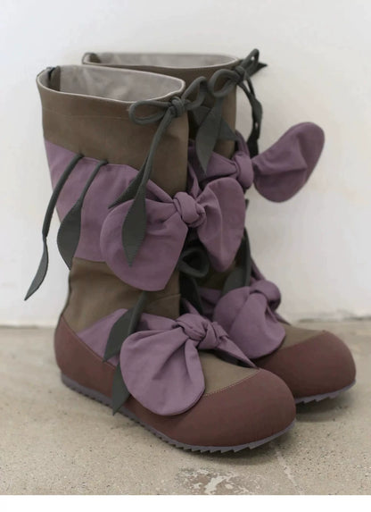Round Toe Bow Detail Mid-Calf Boots product photo