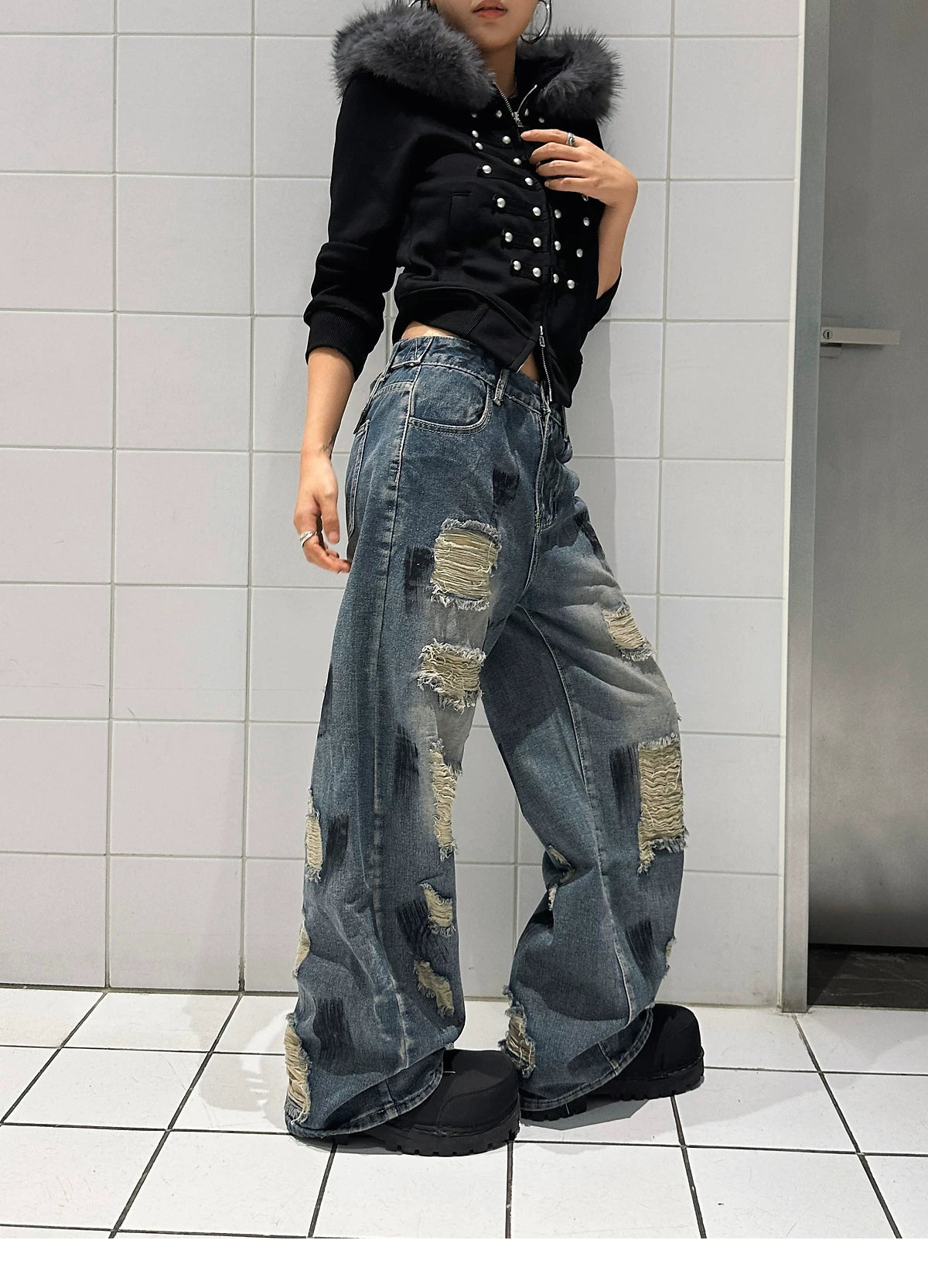 Distressed Wide-Leg Jeans