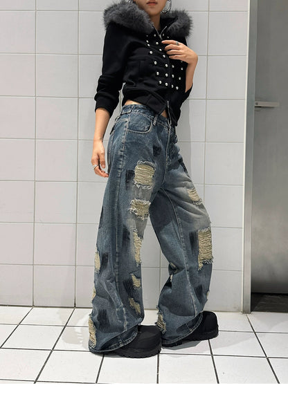 Distressed Wide-Leg Jeans