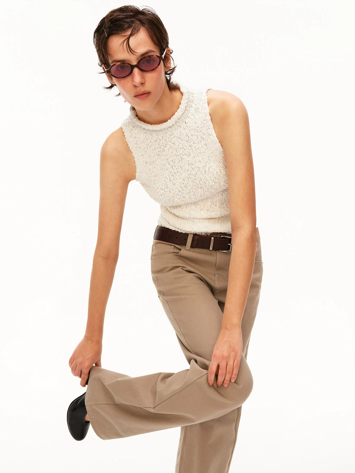 High Neck Textured Cotton Knit Tank Top - 360 view 1