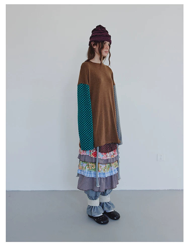 Langarm-Sweatshirt mit braunen Streifen und Polka Dots