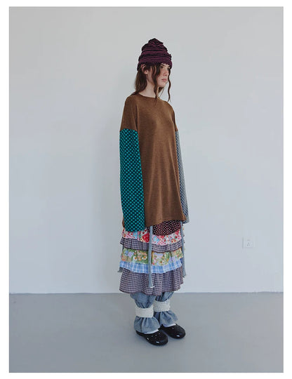 Langarm-Sweatshirt mit braunen Streifen und Polka Dots