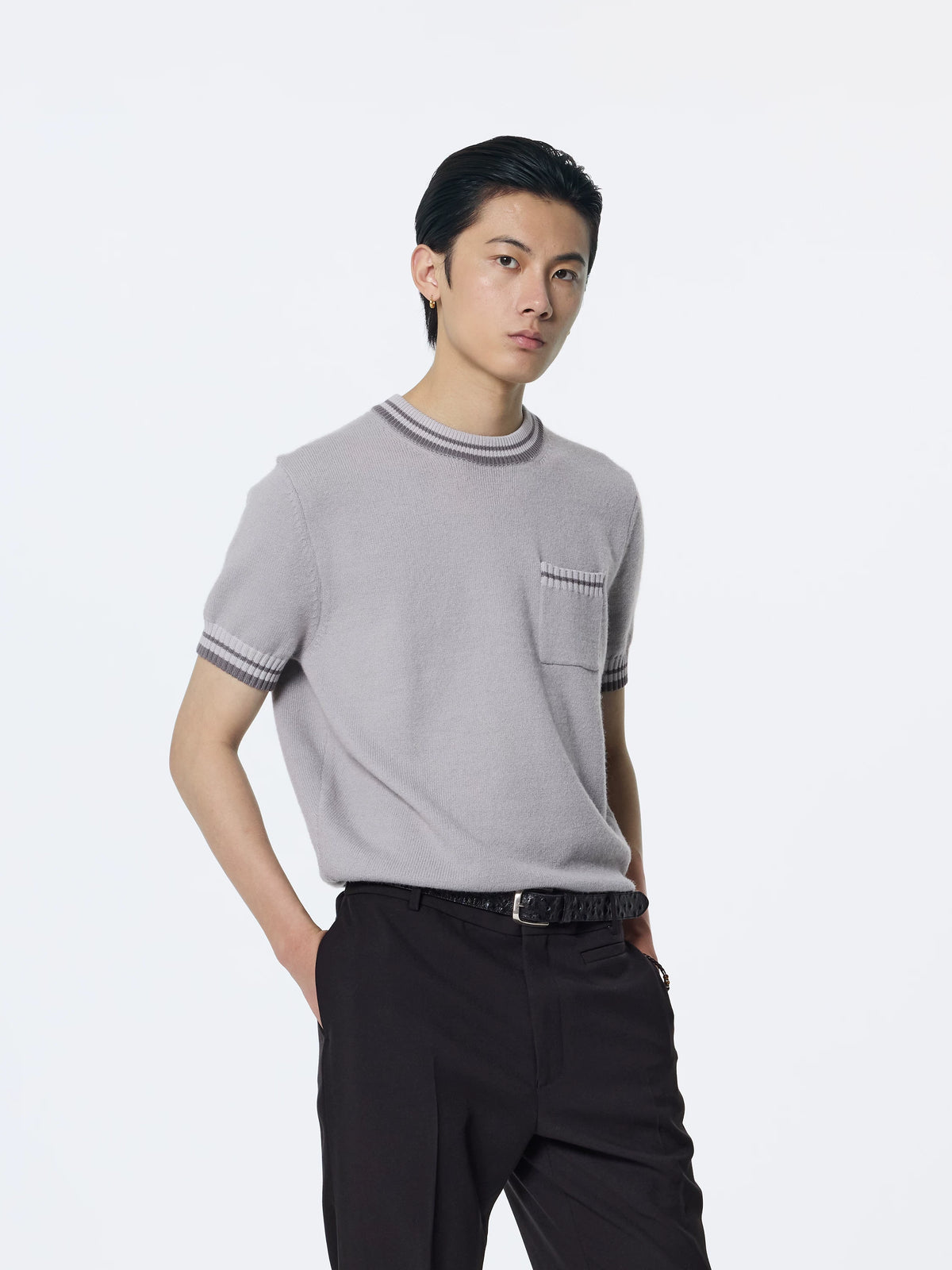 Contrast-Trim Knit Short-Sleeve Sweater