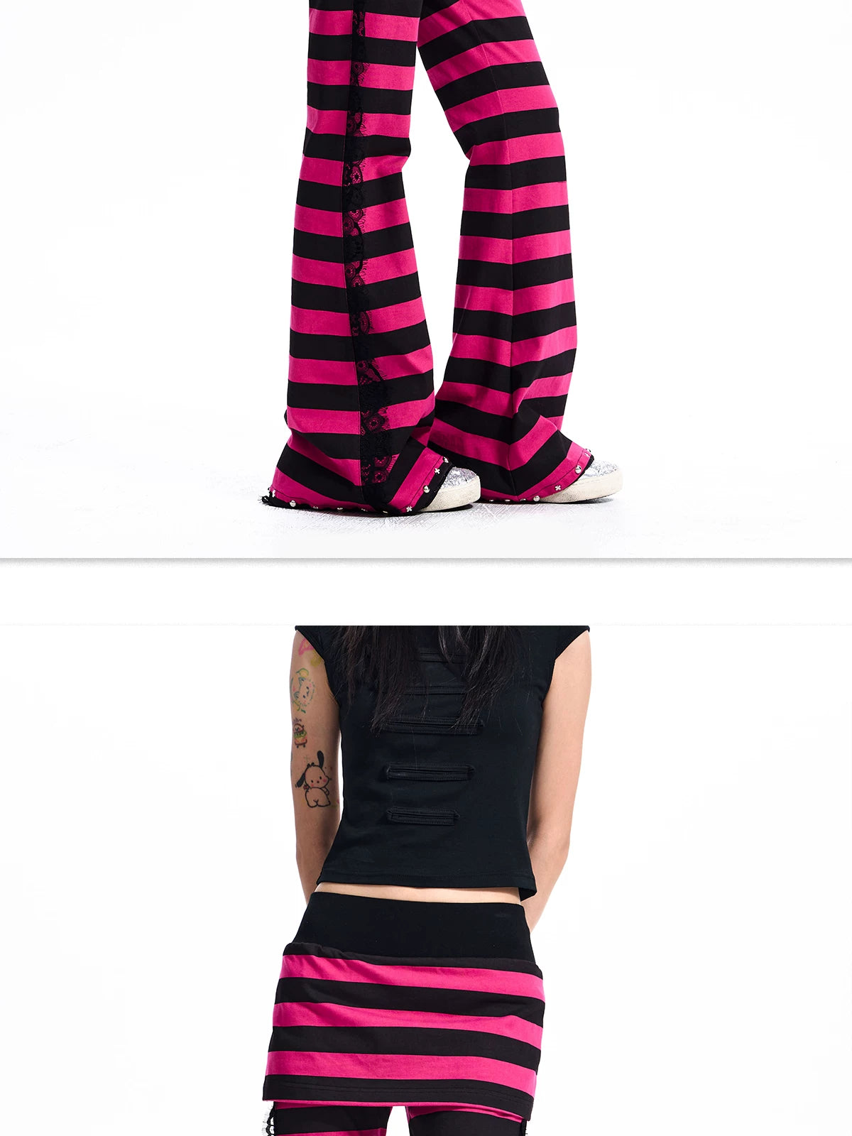 Striped Lace-Trim Flare Pants