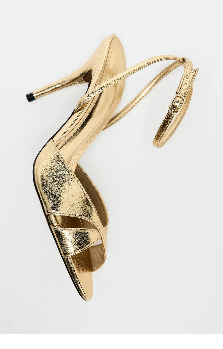 Women's Gold Open Toe Stiletto Ankle Strap Sandals