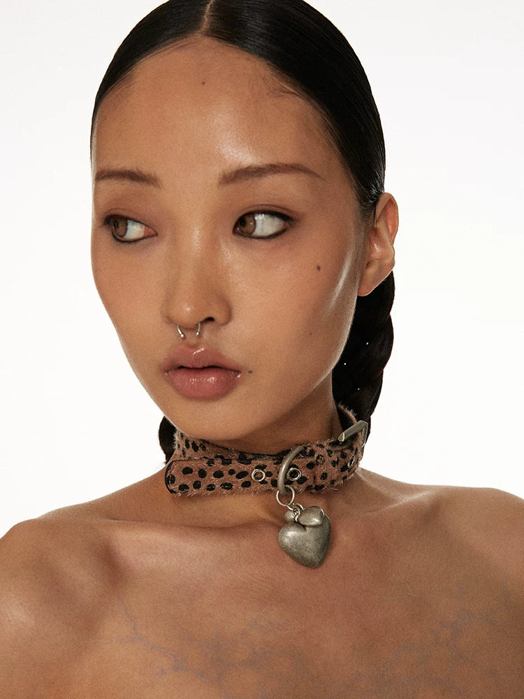 Leopard Print Heart Pendant Choker worn view