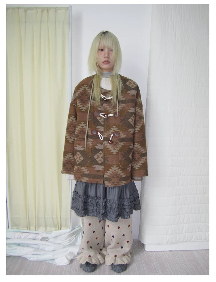 Brown Geometric Jacquard Padded Toggle Coat