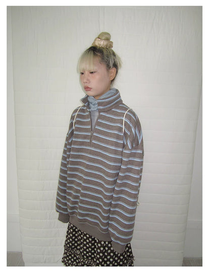 Brown Stripe Half-Zip Sweatshirt