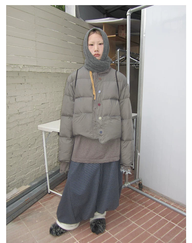 Grey Cropped Stand-Collar Down Jacket